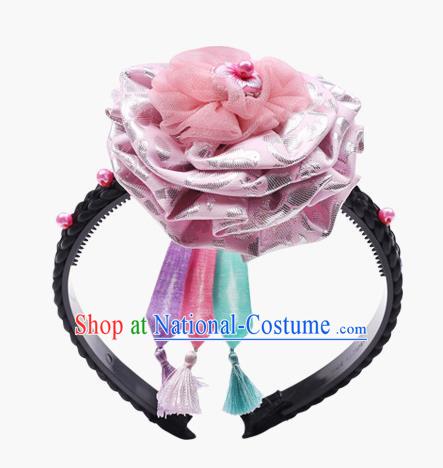 Traditional South Korean Handmade Hair Accessories Pink Silk Headband, Top Grade Korea Children Hair Clasp Headwear for Kids