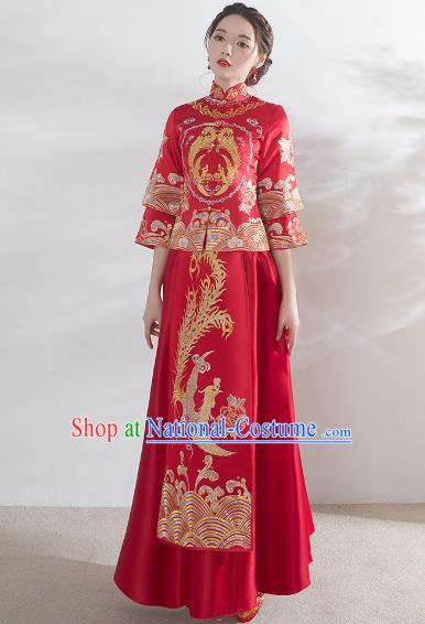 Traditional Ancient Chinese Wedding Costume Xiuhe Suits, Chinese Style Wedding Dress Red Restoring Longfeng Dragon and Phoenix Flown Bride Toast Cheongsam for Women