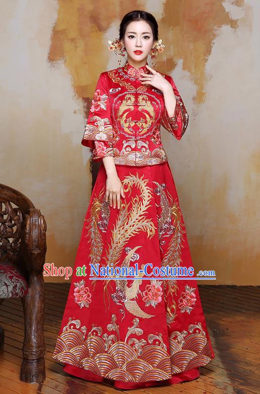 Traditional Ancient Chinese Wedding Costume Embroidery Xiuhe Suits, Chinese Style Wedding Dress Red Restoring Longfeng Dragon and Phoenix Flown Bride Toast Cheongsam for Women