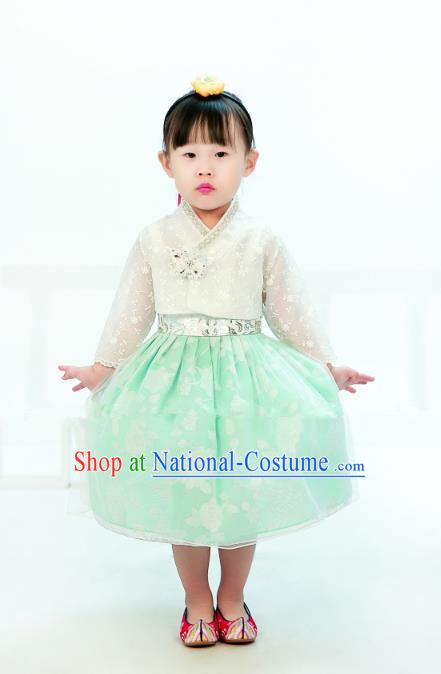 Traditional South Korean Handmade Hanbok Children Embroidery Birthday Green Dress, Top Grade Korea Hanbok Costume Complete Set for Kids