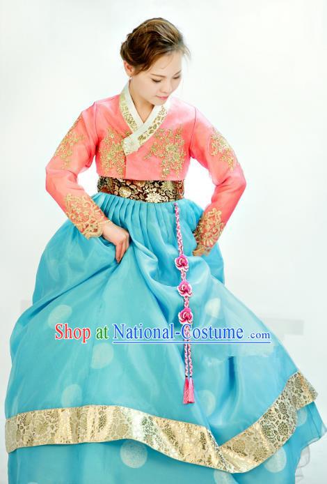 Traditional South Korean Handmade Mother Hanbok Customization Clothing Embroidery Blue Dress, Top Grade Korea Royal Hanbok Costume for Women