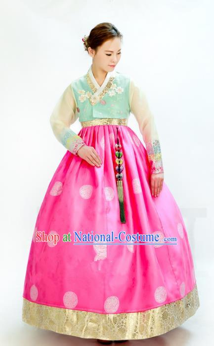 Traditional South Korean Handmade Hanbok Embroidery Wedding Pink Dress, Top Grade Korea Hanbok Bride Royal Costume Complete Set for Women