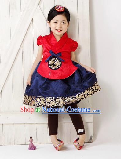 Traditional South Korean Handmade Hanbok Children Navy Birthday Dress, Top Grade Korea Hanbok Costume Complete Set for Kids