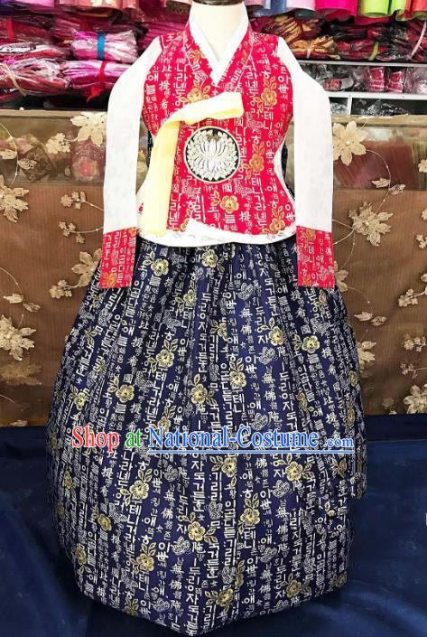 Traditional South Korean Handmade Hanbok Children Navy Birthday Dress, Top Grade Korea Hanbok Costume Complete Set for Girls