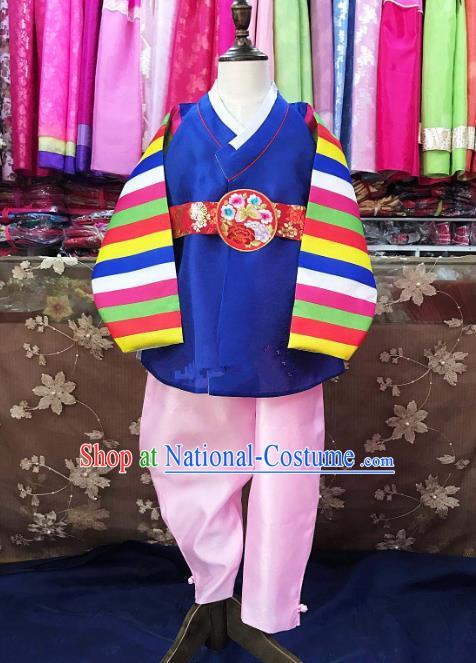 Traditional South Korean Handmade Hanbok Children Navy Birthday Clothing, Top Grade Korea Hanbok Costume Complete Set for Boys