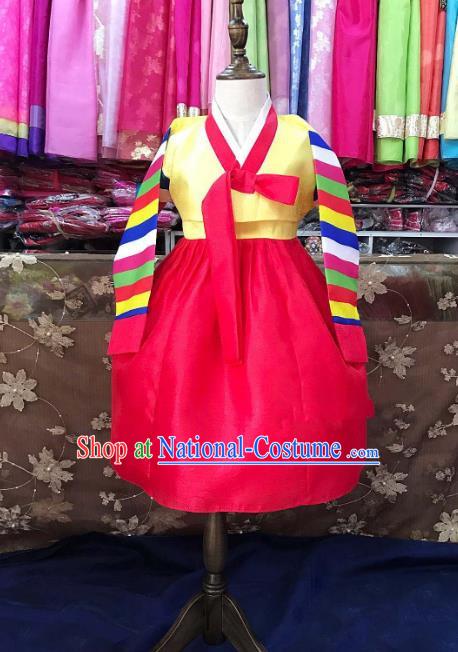 Traditional South Korean Handmade Hanbok Children Birthday Red Dress, Top Grade Korea Hanbok Costume Complete Set for Girls