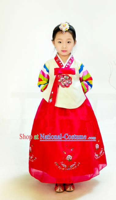 Traditional South Korean Handmade Hanbok Children Birthday Embroidery Beige Blouse Dress, Top Grade Korea Hanbok Costume Complete Set for Girls