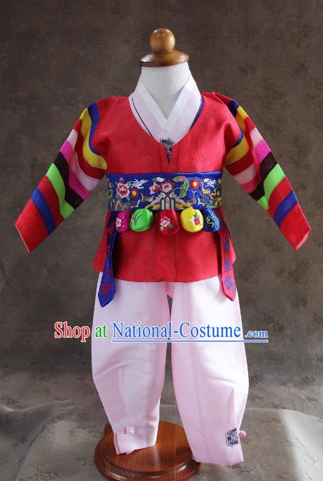 Traditional South Korean Handmade Hanbok Children Baby Birthday Customization Red Clothing and Embroidery Belt, Top Grade Korea Hanbok Costume Complete Set for Boys