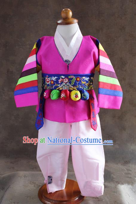 Traditional South Korean Handmade Hanbok Children Baby Birthday Customization Rosy Clothing and Embroidery Belt, Top Grade Korea Hanbok Costume Complete Set for Boys