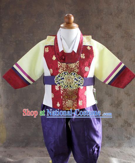 Traditional South Korean Handmade Hanbok Children Little Boys Birthday Customization Shirt and Pants, Top Grade Korea Hanbok Costume Complete Set for Kids