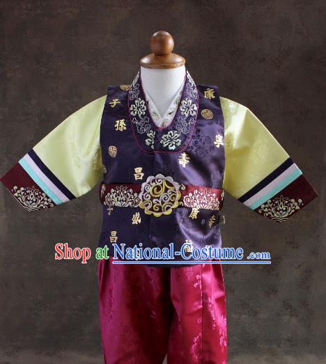 Traditional South Korean Handmade Hanbok Children Little Boys Birthday Customization Purple Shirt and Pants, Top Grade Korea Hanbok Costume Complete Set for Kids