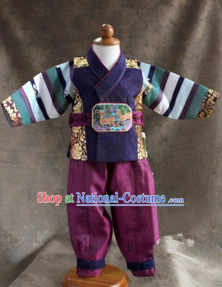 Traditional South Korean Handmade Hanbok Children Little Boys Birthday Customization Embroidery Belt Shirt and Pants, Top Grade Korea Hanbok Costume Complete Set for Kids