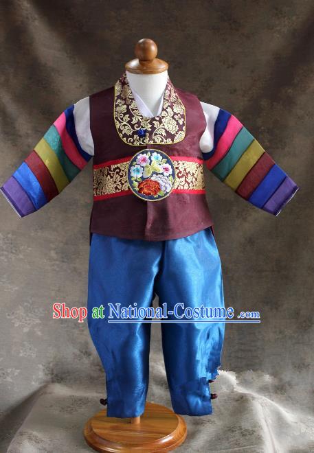 Traditional South Korean Handmade Hanbok Children Little Boys Birthday Customization Embroidery Brown Vest Shirt and Pants, Top Grade Korea Hanbok Costume Complete Set for Kids