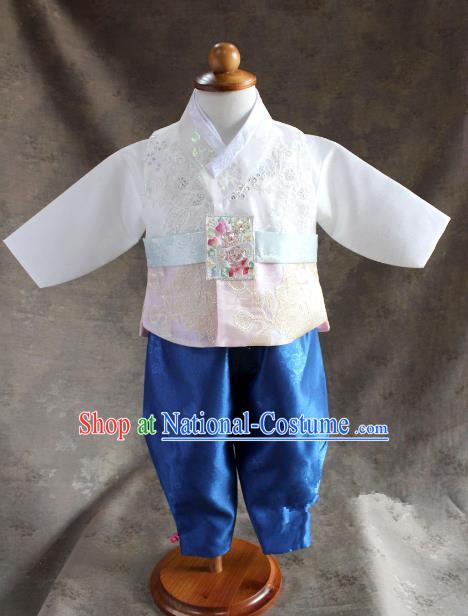 Traditional South Korean Handmade Hanbok Children Little Boys Birthday Customization Embroidery White Vest Shirt and Pants, Top Grade Korea Hanbok Costume Complete Set for Kids