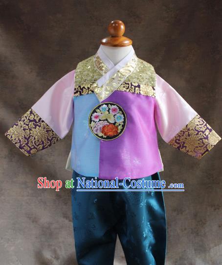 Traditional South Korean Handmade Hanbok Children Little Boys Birthday Customization Embroidery Rosy Vest Shirt and Pants, Top Grade Korea Hanbok Costume Complete Set for Kids