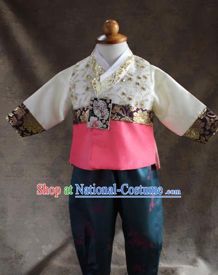 Traditional South Korean Handmade Hanbok Children Little Boys Birthday Customization Embroidery Vest Shirt and Pants, Top Grade Korea Hanbok Costume Complete Set for Kids