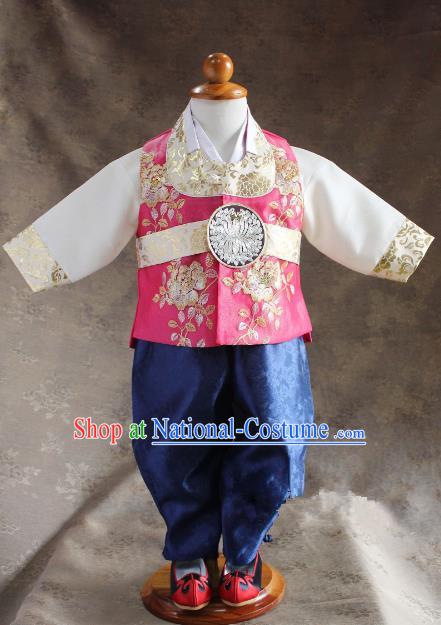 Traditional South Korean Handmade Hanbok Children Little Boys Birthday Customization Embroidery Pink Vest Shirt and Pants, Top Grade Korea Hanbok Costume Complete Set for Kids