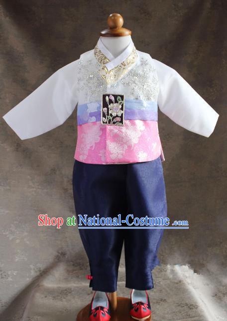 Traditional South Korean Handmade Hanbok Children Little Boys Birthday Customization Embroidery Clothing Complete Set, Top Grade Korea Hanbok Costume for Kids