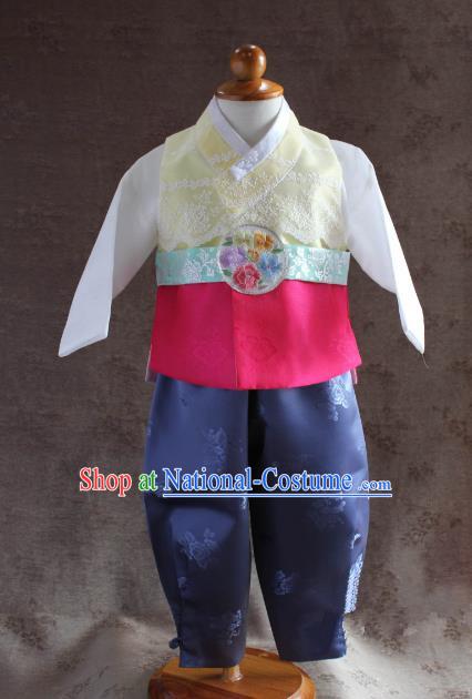 Traditional South Korean Handmade Hanbok Children Little Boys Birthday Customization Embroidery Belt Clothing Complete Set, Top Grade Korea Hanbok Costume for Kids