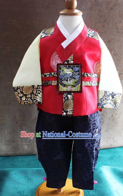 Traditional South Korean Handmade Hanbok Children Little Boys Birthday Customization Embroidery Clothing Red Vest Complete Set, Top Grade Korea Hanbok Costume for Kids