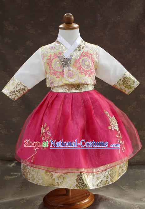 Traditional South Korean Handmade Hanbok Children Little Princess Birthday Customization Embroidery Rosy Dress Complete Set, Top Grade Korea Royal Hanbok Costume for Kids