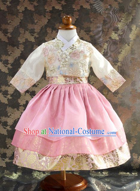 Traditional South Korean Handmade Hanbok Children Little Princess Pink Dress Birthday Customization Embroidery Clothing, Top Grade Korea Royal Hanbok Costume for Kids