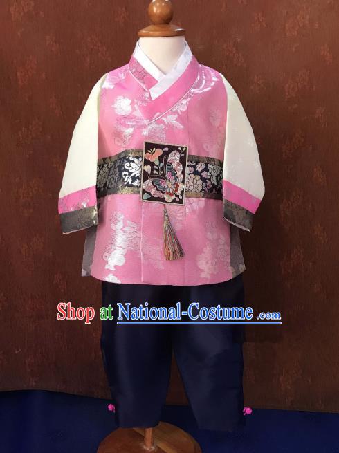 Traditional South Korean Handmade Hanbok Children Baby Birthday Customization Pink Clothing, Top Grade Korea Hanbok Costume Complete Set for Boys