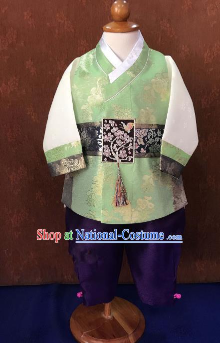 Traditional South Korean Handmade Hanbok Children Baby Birthday Customization Green Clothing, Top Grade Korea Hanbok Costume Complete Set for Boys