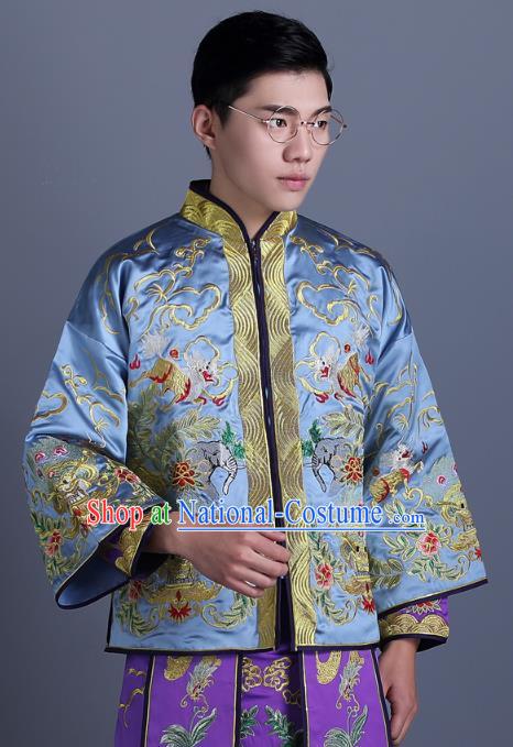 Ancient Chinese Costume Chinese Style Wedding Dress Ancient Embroidery Dragon and Phoenix Blue Flown Groom Toast Clothing Mandarin Jacket For Men