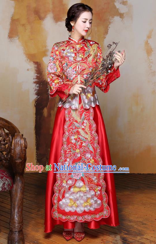 Traditional Ancient Chinese Wedding Costume Embroidery Long Sleeve Xiuhe Suits, Chinese Style Wedding Dress Red Restoring Longfeng Dragon and Phoenix Flown Bride Toast Cheongsam for Women