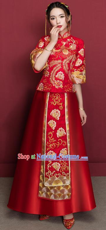 Traditional Ancient Chinese Wedding Costume Embroidery Peony Xiuhe Suits, Chinese Style Wedding Dress Red Restoring Longfeng Dragon and Phoenix Flown Bride Toast Cheongsam for Women