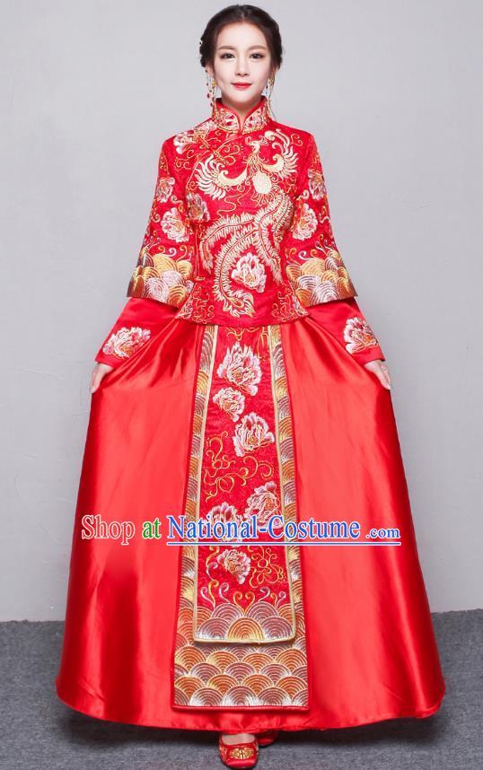 Traditional Ancient Chinese Wedding Costume Embroidery Peony Xiuhe Suits, Chinese Style Wedding Dress Red Dragon and Phoenix Flown Bride Toast Cheongsam for Women