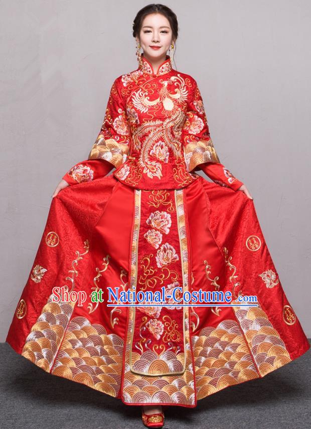 Traditional Ancient Chinese Wedding Costume Handmade Embroidery Peony Xiuhe Suits, Chinese Style Wedding Dress Red Dragon and Phoenix Flown Bride Toast Cheongsam for Women