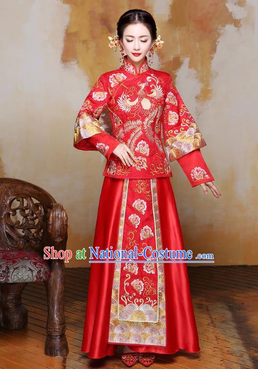 Traditional Ancient Chinese Wedding Costume Handmade XiuHe Suits Embroidery Phoenix Peony Bride Toast Cheongsam Dress, Chinese Style Hanfu Wedding Clothing for Women