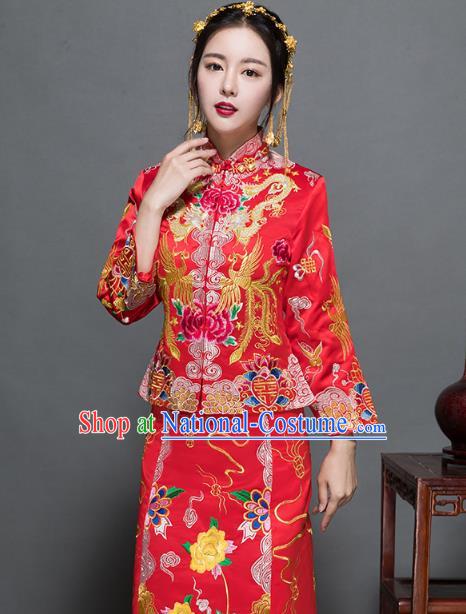 Traditional Ancient Chinese Wedding Costume Handmade XiuHe Suits Embroidery Dragons Phoenix Peony Bride Toast Cheongsam Dress, Chinese Style Hanfu Wedding Clothing for Women