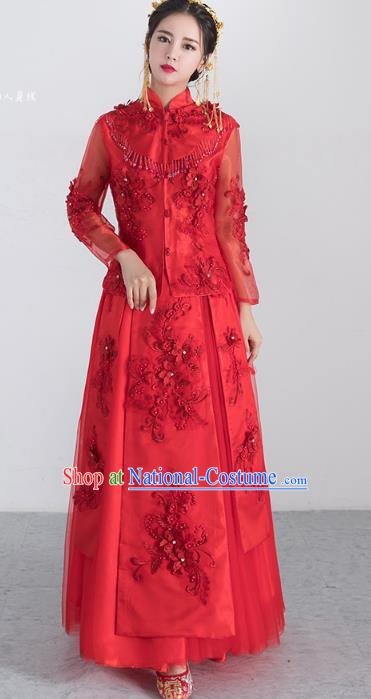 Traditional Ancient Chinese Wedding Costume Handmade XiuHe Suits Embroidery Bride Toast Red Cheongsam Dress, Chinese Style Hanfu Wedding Clothing for Women