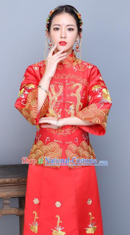 Traditional Ancient Chinese Wedding Costume Handmade XiuHe Suits Embroidery Longfeng Gown Bride Toast Seven Sleeve Cheongsam Dress, Chinese Style Hanfu Wedding Clothing for Women