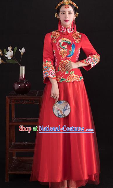 Traditional Ancient Chinese Wedding Costume Handmade XiuHe Suits Embroidery Peony Longfeng Gown Bride Toast Cheongsam Dress, Chinese Style Hanfu Wedding Clothing for Women