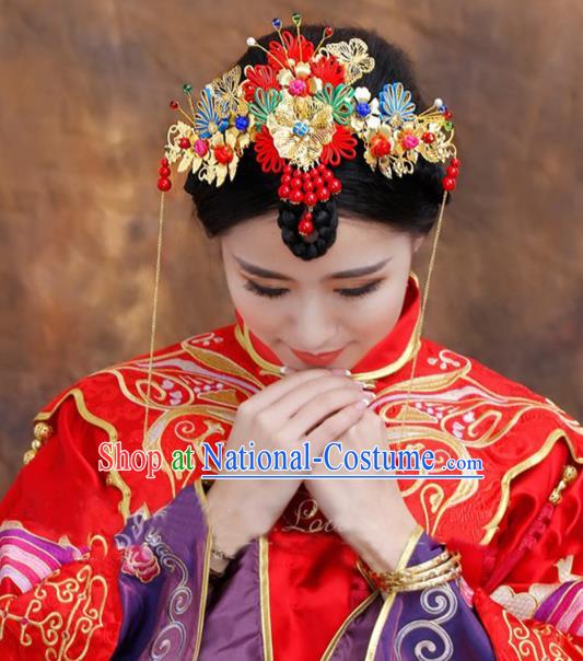 Traditional Handmade Chinese Ancient Classical Hair Accessories Bride Wedding Tassel Forehead Ornament, Xiuhe Suit Hair Jewellery Hair Fascinators Hairpins for Women