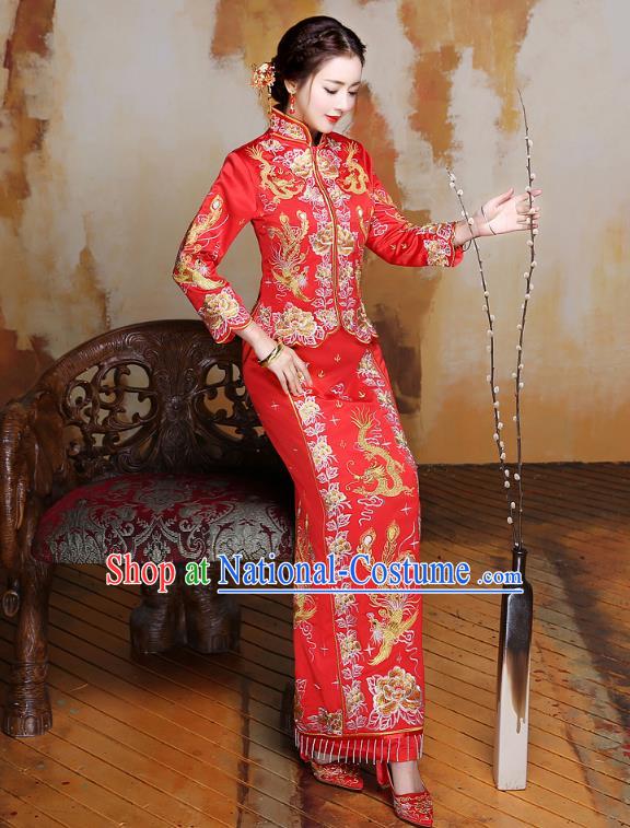 Traditional Ancient Chinese Wedding Costume Handmade XiuHe Suits Embroidery Phoenix Peony Longfeng Gown Bride Toast Slim Cheongsam Dress, Chinese Style Hanfu Wedding Clothing for Women