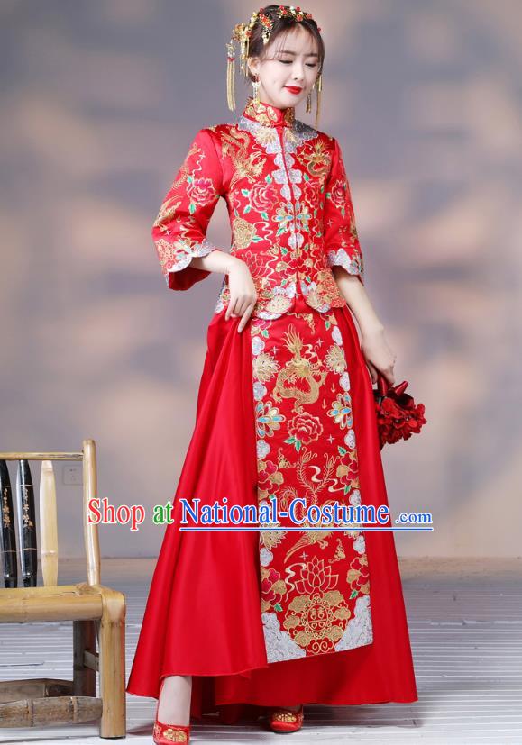 Traditional Ancient Chinese Wedding Costume Handmade XiuHe Suits Embroidery Dragon and Phoenix Bride Toast Cheongsam Dress, Chinese Style Hanfu Wedding Clothing for Women