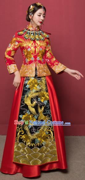 Traditional Ancient Chinese Wedding Costume Handmade XiuHe Suits Embroidery Phoenix Bride Toast Cheongsam Dress, Chinese Style Hanfu Wedding Clothing for Women