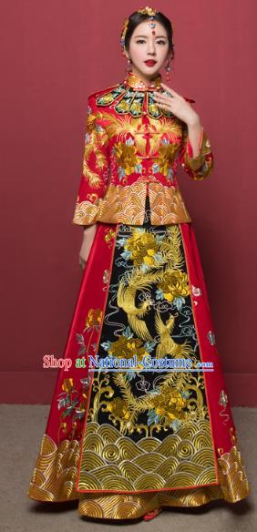 Traditional Ancient Chinese Wedding Costume Handmade XiuHe Suits Full Embroidery Phoenix Bride Toast Cheongsam Dress, Chinese Style Hanfu Wedding Clothing for Women