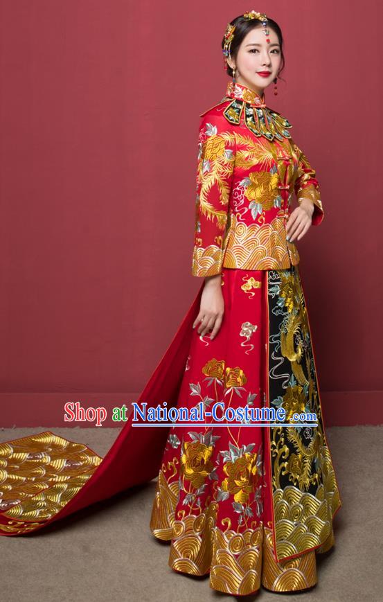 Traditional Ancient Chinese Wedding Costume Handmade XiuHe Suits Full Embroidery Phoenix Bride Toast Cheongsam Trailing Dress, Chinese Style Hanfu Wedding Clothing for Women