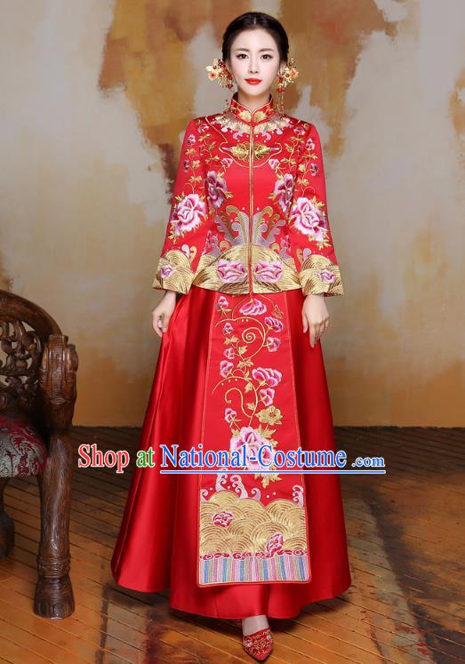 Traditional Ancient Chinese Wedding Costume Handmade XiuHe Suits Embroidery Peony Dress Bride Toast Cheongsam, Chinese Style Hanfu Wedding Clothing for Women