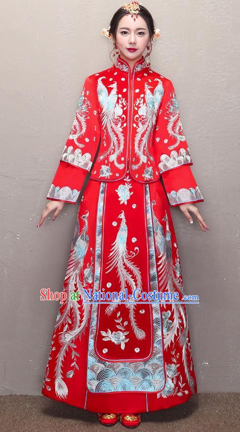 Traditional Ancient Chinese Wedding Costume Handmade XiuHe Suits Embroidery Phoenix Dress Bride Toast Cheongsam, Chinese Style Hanfu Wedding Clothing for Women