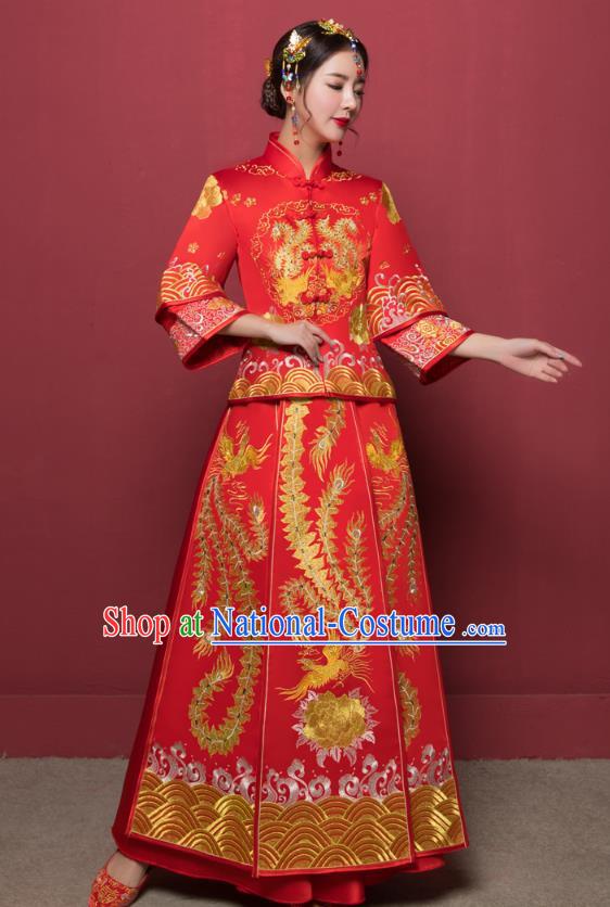 Traditional Ancient Chinese Wedding Costume Handmade XiuHe Suits Embroidery Phoenix Dress Bride Toast Plated Buttons Cheongsam, Chinese Style Hanfu Wedding Clothing for Women