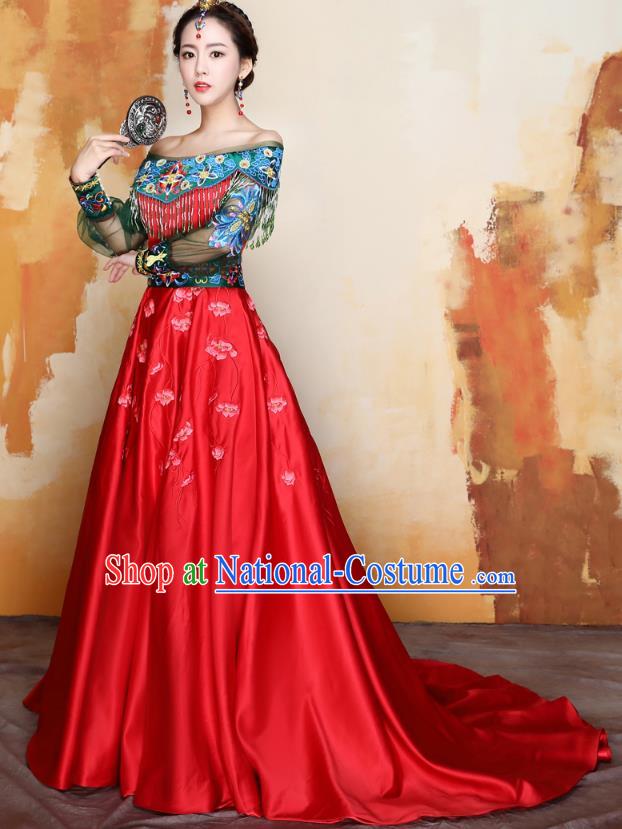 Traditional Ancient Chinese Wedding Costume Handmade XiuHe Suits Embroidery Peony Off Shoulder Dress Bride Toast Cheongsam, Chinese Style Hanfu Wedding Clothing for Women