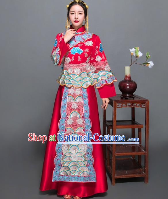 Traditional Ancient Chinese Wedding Costume Handmade XiuHe Suits Blue Embroidery Peony Dress Bride Toast Cheongsam, Chinese Style Hanfu Wedding Clothing for Women