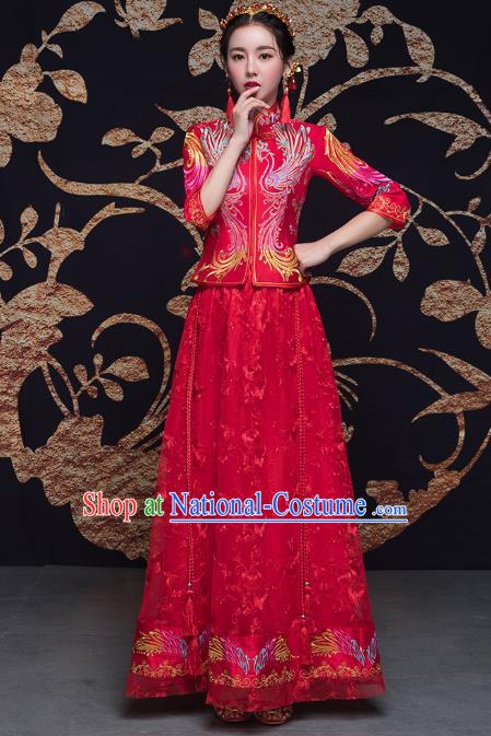 Traditional Ancient Chinese Wedding Costume Handmade Double-deck Embroidery Bottom Drawer Xiuhe Suits, Chinese Style Wedding Dress Red Dragon and Phoenix Flown Bride Toast Cheongsam for Women